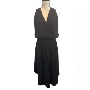 Ramy Brook Cady Black Midi V-Neck Sleveless Smocked Waist Dress Women's S NWT